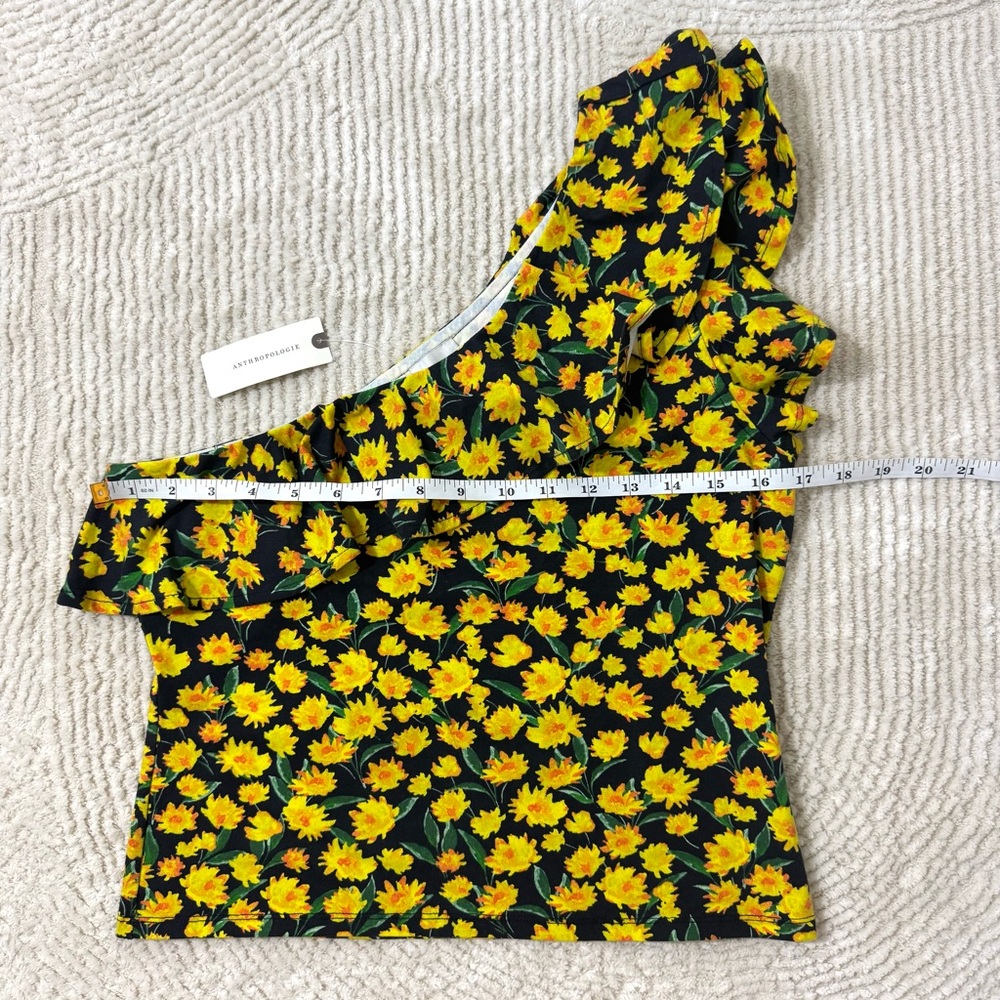 NWT Anthropologie Maeve One Shoulder Ruffled Top Yellow Floral Size Medium - Picture 9 of 10